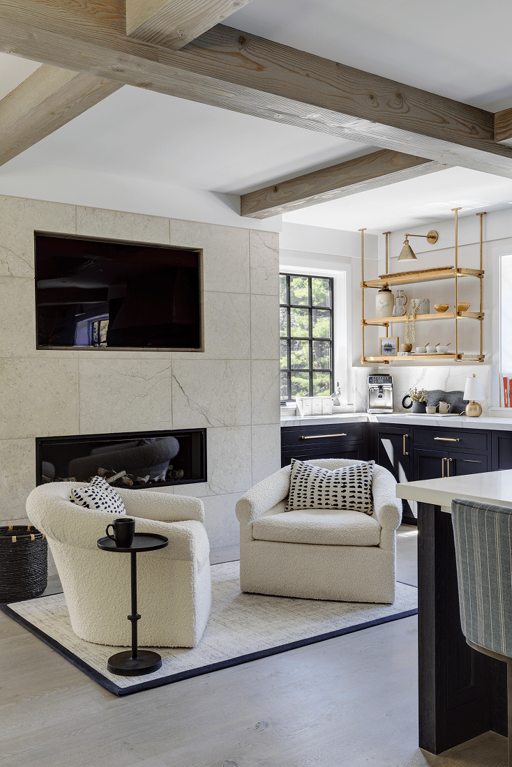 KVC suburban transitional kitchen sitting area and fireplace