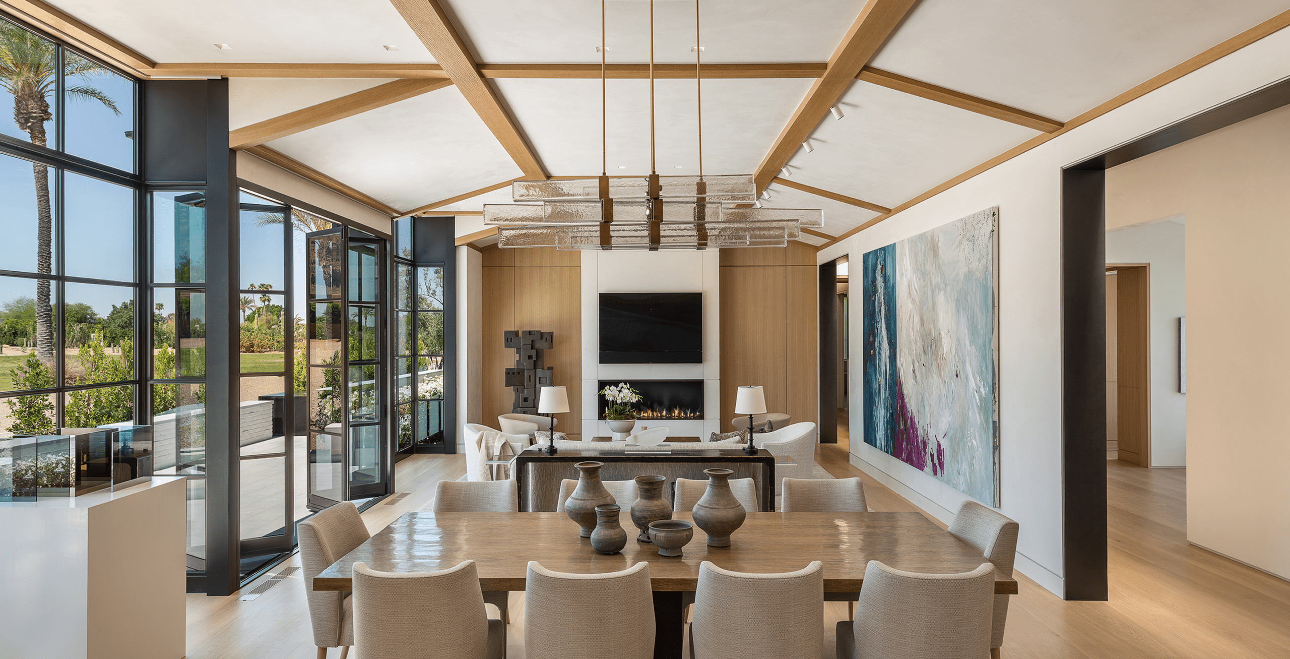 Suburban Transitional Pool House at dusk